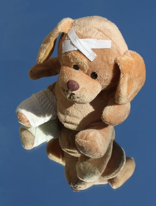 stuffed animal with broken leg