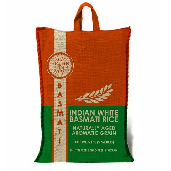 Pride Of India - Extra Long Indian Premium White Basmati Rice, 5 Pound (2.26 Kilo) RECOLSABLE JUTE (BURLAP) - Naturally Aromatic, Aged, Flavorful, Slender, Non Sticky Grains