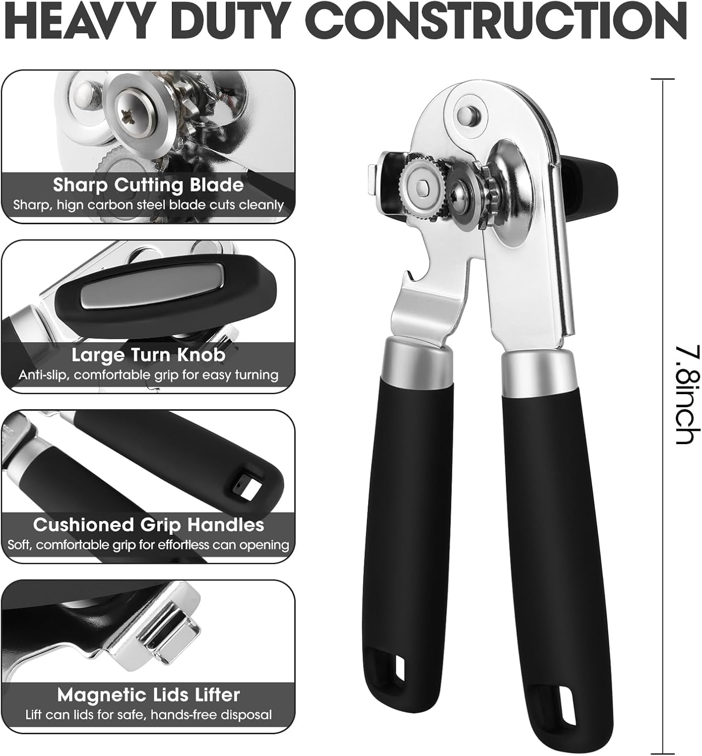 Manual Can Opener, Handheld Can Opener Heavy Duty with High Carbon Sharp Blade, Ease Can Open for Seniors with Comfort Grip Handles, Oversized Turn Knob, Black