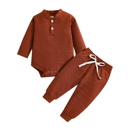 

Chollius Infant Baby Boy Long Sleeve Romper+Trousers 2Pcs Outfits Elasticated Waist Button Detail Loose Casual Spring Clothing 3-24M