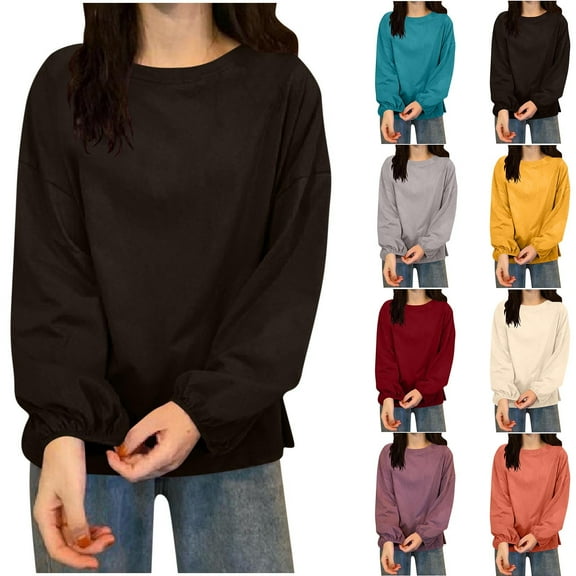 Ashirexll Long Sleeve Shirts for Winter Tops for Casual Round Neck Solid Color Loose Fitting Pullover Shirt Top