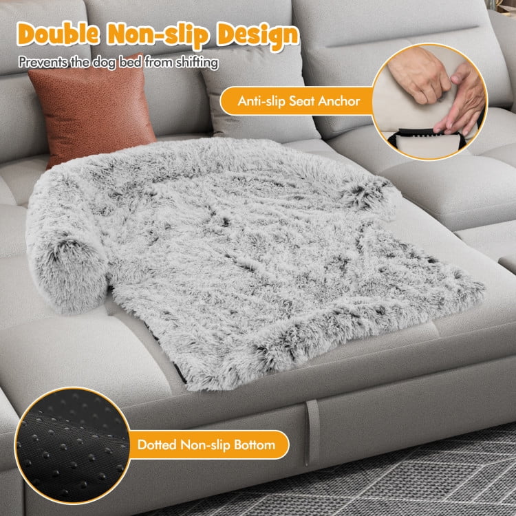 Kadyn 44" Plush Long Fur Dog Couch Bed, Dog Bed Mats with Anti-Slip Bottom, Washable Removable Couch Cover, Perfect for Small, Medium Dogs Cats, Gray-M