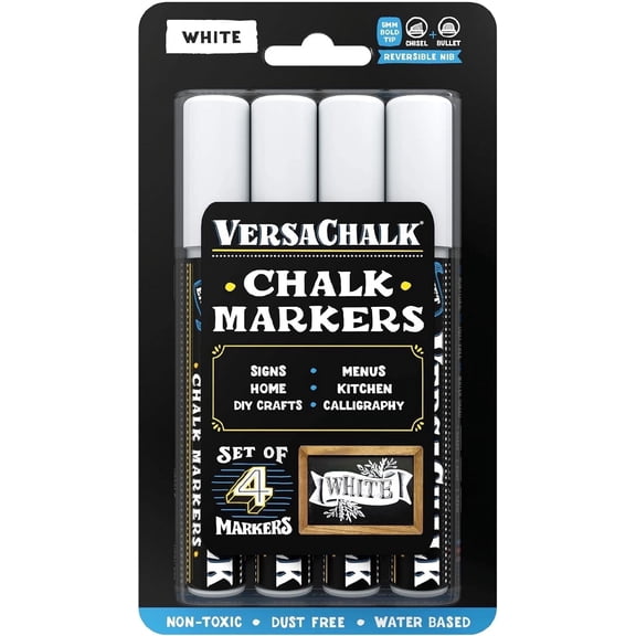 VersaChalk White Chalk Markers, 4-Pack, 5mm Bold Tip, Wet-Erase, Non-Toxic