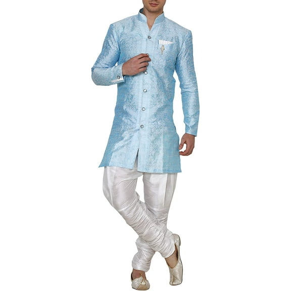 Royal Kurta Men's Jacquard Silk Floral Print Indowestern Sherwani (Sky Blue, 40)