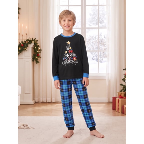 Christmas Family Pajamas Long Sleeve Christmas Tree Print Tops Plaid Pants