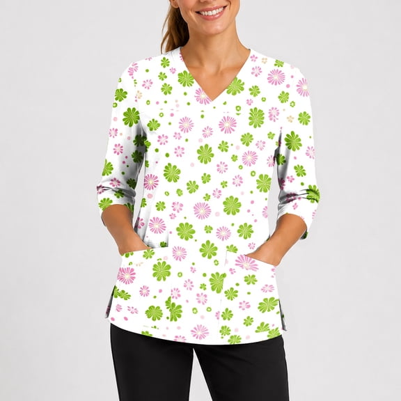 Fun Scrubs for Women Plus Size Wrinkle-Resist Nursing Uniform Fashion 3/4 Sleeve V Neck Floral Print Side Slits Scrub Shirt Breathable Tees Blouse with Pockets Mint Green XL