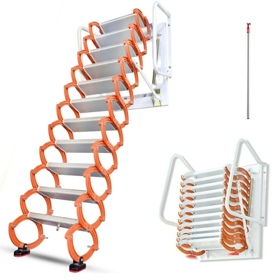 INTBUYING Wall-Mounted Attic Folding Stairs with Armrests Al-mg Alloy Orange