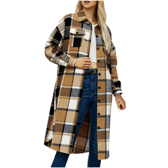 Swstbby Fall Savings Clearance! Womens Fall Jackets, Women's Fashionable Plaid Lapel Buckle Pocket Woolen Coat Jacket Khaki S