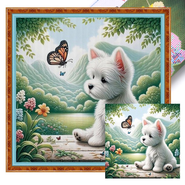 Kit Punto Cruz Perro Impreso Hilo Algodón Ecológico Bordado Arte 40x40cm 11CT