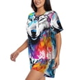 thumbnail image 2 of Kdxio Cool Colorful Wolf Print Pajamas Sets for Women Short-Sleeved Pjs with Lounge Shorts Two Piece Sleepwear S-4XL, 2 of 5