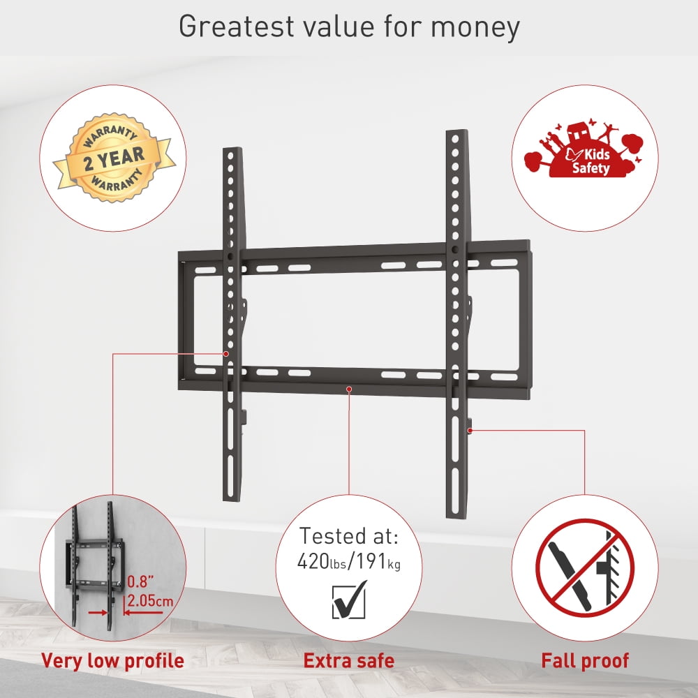 Barkan Fixed TV Wall Mount 110 lbs Black Very Low Profile Extra Stable 2 Year Warranty