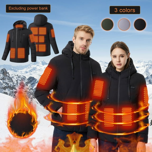 Titcea Heated Jacket for Women and Men, 11 Heating Zones, USB Rechargeable Heated Puffer Jacket with Hood Solid Color Drawstring Windproof Warming Coat, Gifts for Him/Her