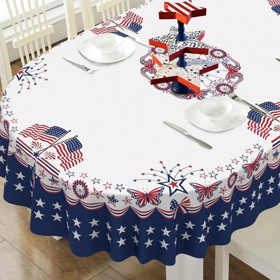 4th of July Tablecloth American Flag and Star Table Cloths 54x72 Inch, Red, White and Blue Patriotic Tablecloths for Dining, Kitchen, Picnic and Patio-Oval