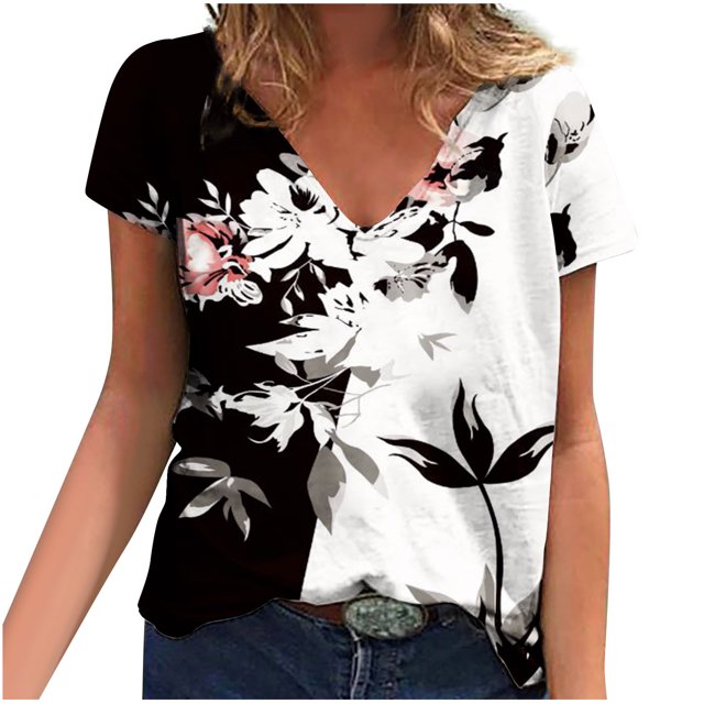 Camisetas con estampado floral con cuello en V para mujer Blusas femeninas cómodas a la moda Tops OAVQHLG3B Store lin121212