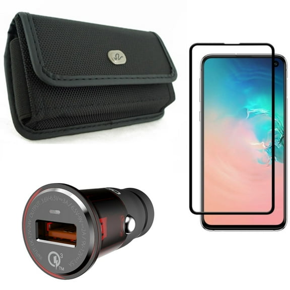 Galaxy S10e Car Charger w Screen Protector w Case Belt Clip - 18W Fast USB Port Power, Tempered Glass 5D Curved Edge, Rugged Holster Canvas for Samsung Galaxy S10e Phone