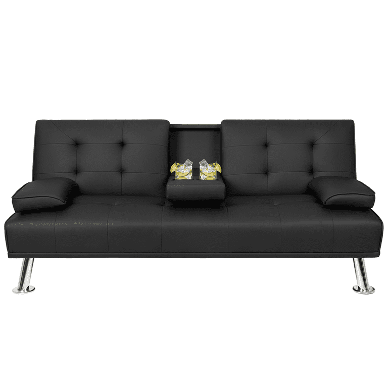 Easyfashion LuxuryGoods Modern Faux Leather Futon with Cupholders and  Pillows, Black 
