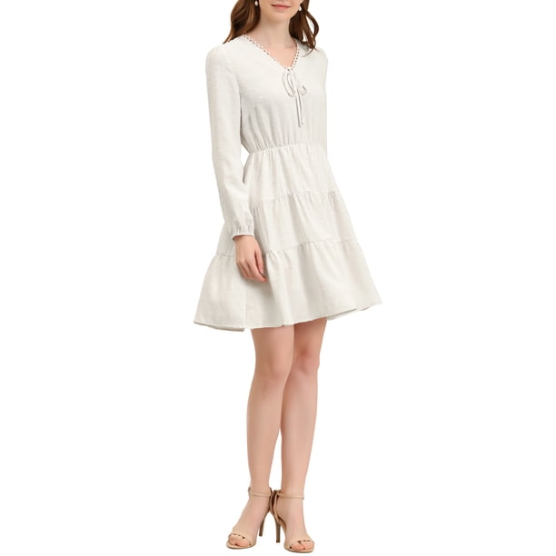 INSPIRE CHIC Vestido Mini de Manga Abullonada con Cuello en V y Volantes de Puntos Suizos Blanco S