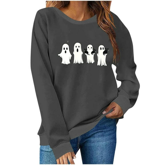 Halloween Womens Sweatshirts Crewneck Ghost Printed Shirts Fall Winter Long Sleeve Sweaters Casual Blouses Loose Fitting Hoodless Sweatshirt Pullover Top Halloween Costumes