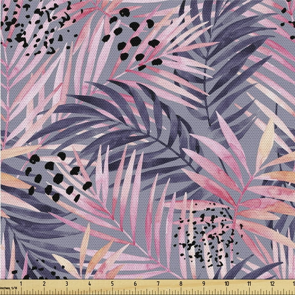 Ambesonne Hawaii Themed Fabric by the Yard Upholstery, Neutral Leaves Spots, 1 Yard, Soft Pink Eggplant Coral