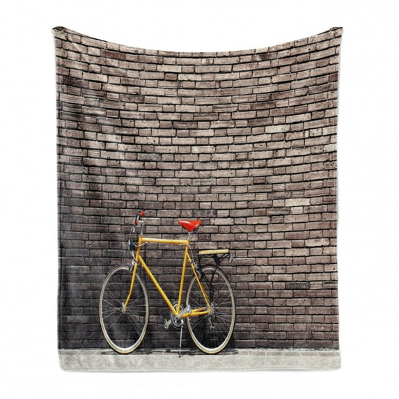 Bicycle Soft Flannel Fleece Blanket, Past Times Aesthetic Road Bike Lean Brick Wall Outdoor Daily Town Life Photo, Cozy Plush for Indoor and Outdoor Use, 50" x 60", Grey Yellow Red, by Ambesonne