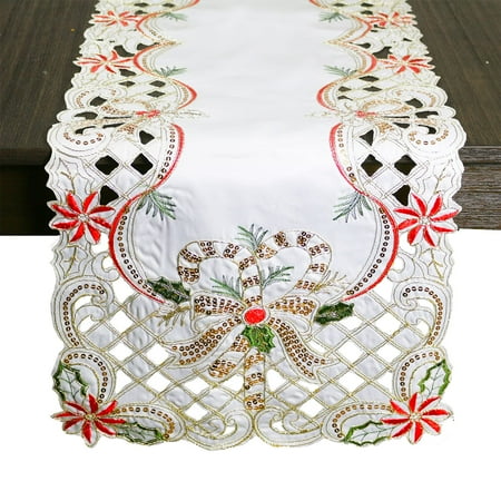 

Fennco Styles Christmas Embroidered Sequin Candy Cane Holly Ribbon Cutwork Border Table Runner 16 W x 54 L - Ivory Table Cover for Home Holiday Décor Dining Room Banquet and Special Occasion