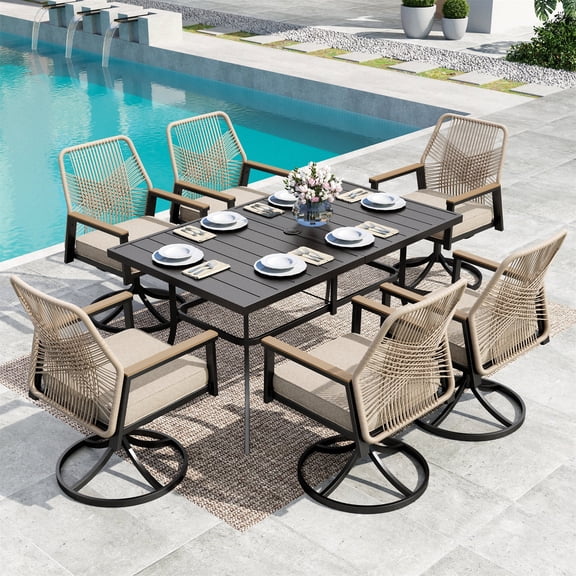 MF Studio 7-Piece Patio Dining Set, Swivel All-Weather Rattan Rope Chair and Rectangular Table with Umbrella Hole, Outdoor Table and Chairs Set, Black and Beige