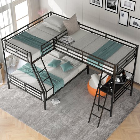 Twin over Full Bunk Bed with a Twin Size Loft Bed attached  with a Desk  Metal  for Toddlers Kids Girls Boys  Bedroom Furniture Black