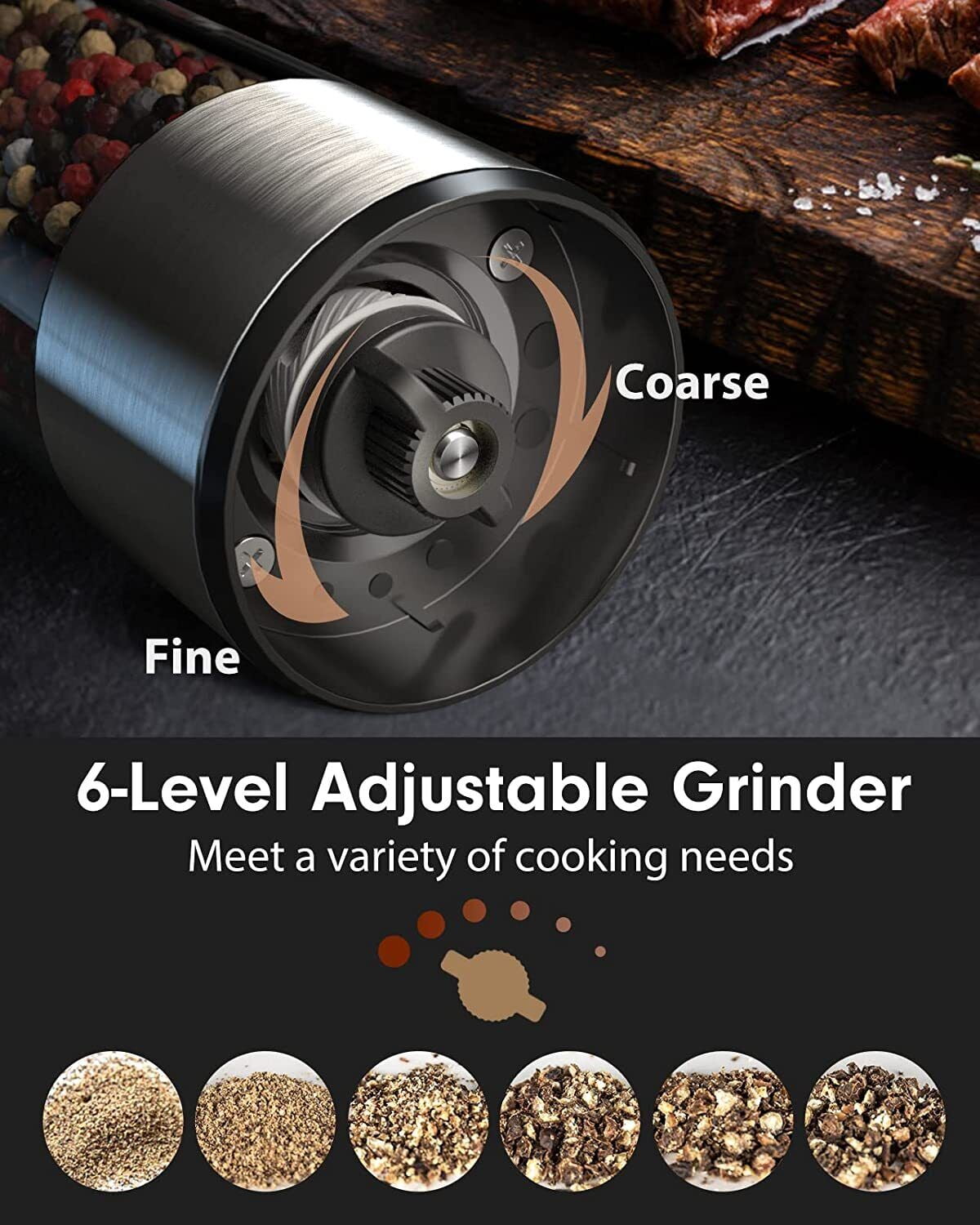TOMEEM Electric Salt and Pepper Grinder Set Stainless Steel Automatic One Hand Operation Adjustable Coarseness Mill Grinders Shakers & LED Light Refillable