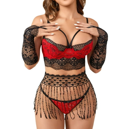 

Niuer Women Bodysuit V Neck Teddy Babydoll Sleeveless Hollow Lingerie Set 4 Pieces Ladies See Through Panties Transparent Underwire Red L