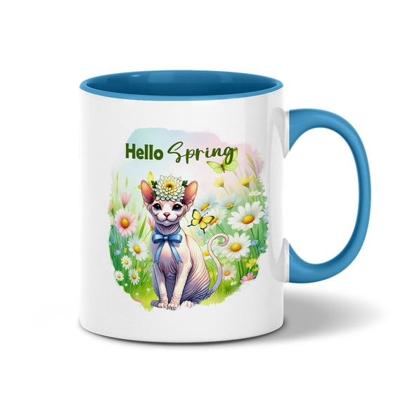 Sphynx Hello Spring Time Flower Floral Nature 11oz Accent Two-tone Mug Cat Lover Kitten Owner Gifts Idea Coffee Tea Cup - 02031