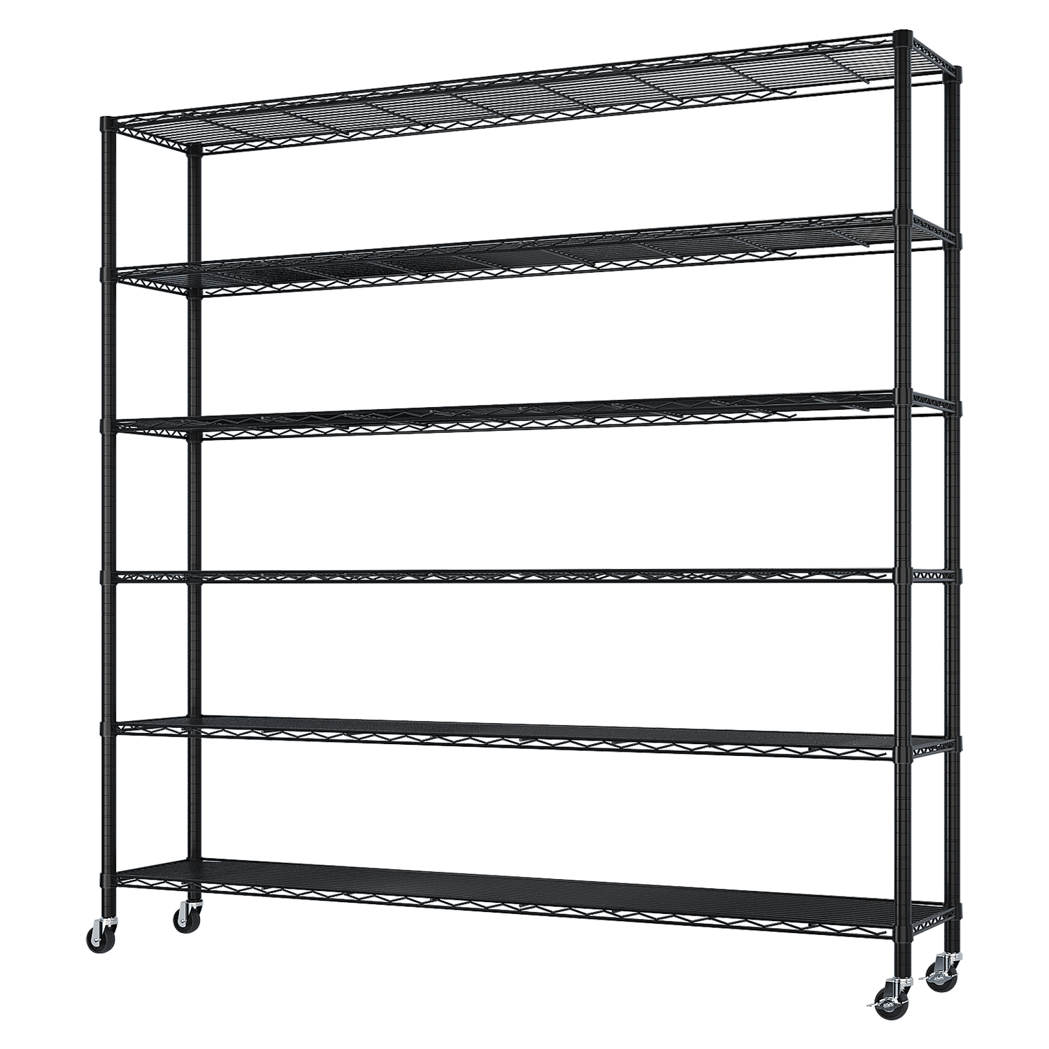 6-Tier Modular Adjustable Storage Shelving Unit Black Powder-Coated Iron Heavy Duty Rack with Locking Casters & Leveling Feet for Warehouse Garage Retail Home