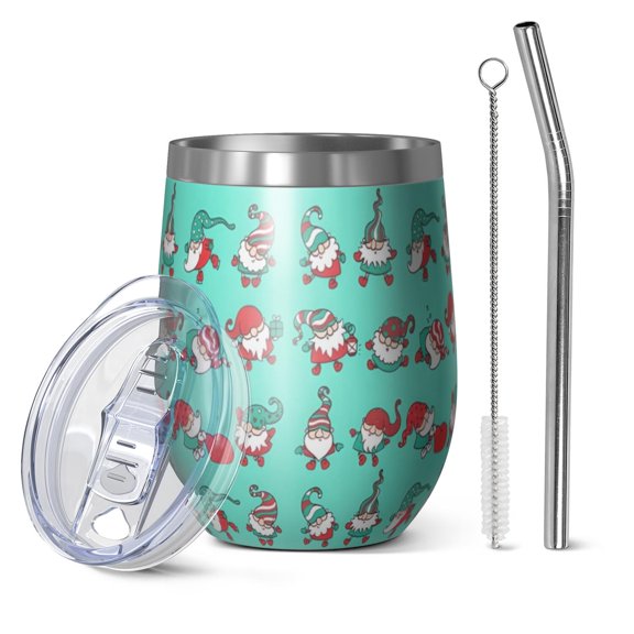 12oz Stemless Wine Tumblers Turquoise Christmas Gnome Pattern Vacuum Insulated Stainless Steel Travel Tumbler Cups Mug with Lid and Straw for Champaign,Cocktail,Beer with Cleaning Brush
