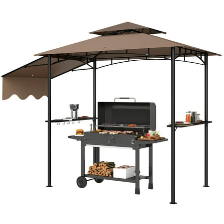 SSLZ 8' x 5' Outdoor Grill Gazebo, Barbecue Gazebo Shelter with Side Awning, 2 Side Shelves and 6 Hooks, Brown