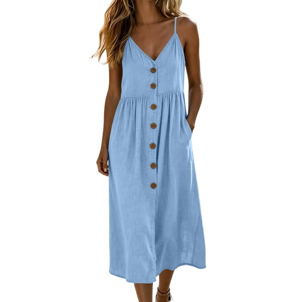 QUNYINEY Midi Sundresses for Women Sleeveless Blue A Line Cotton Slip Dress Button with Pockets Loose Fit V Neck Casual Dresses