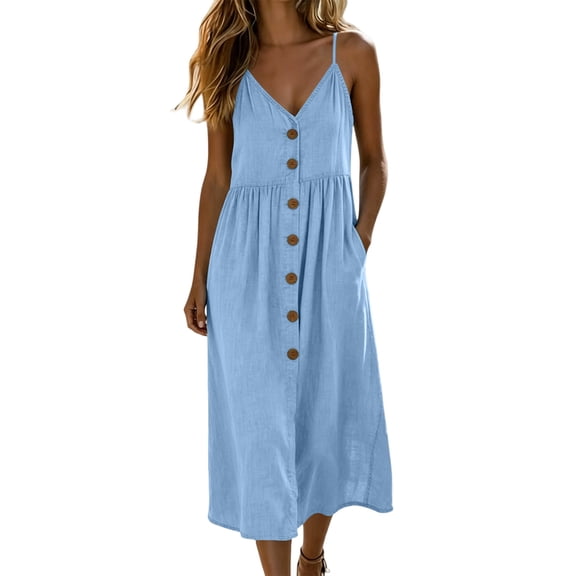 Eawtki Women's V Neck Spaghetti Strap Midi Dress Button Front Tiered Waist With Pockets Loose Fit Casual Summer Dress