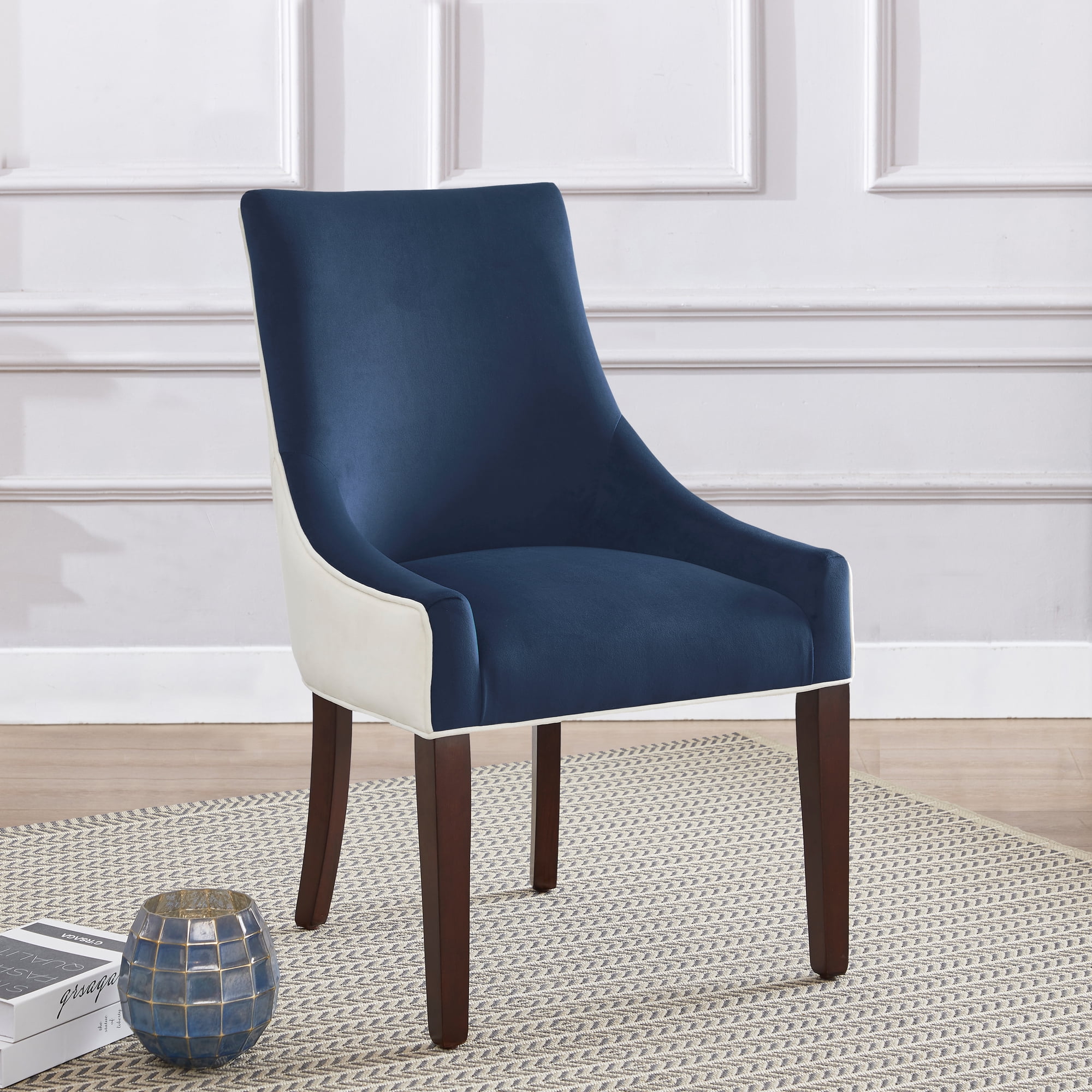 Elegant Parsons High-Back Arm Chair in Navy Blue with Walnut Legs