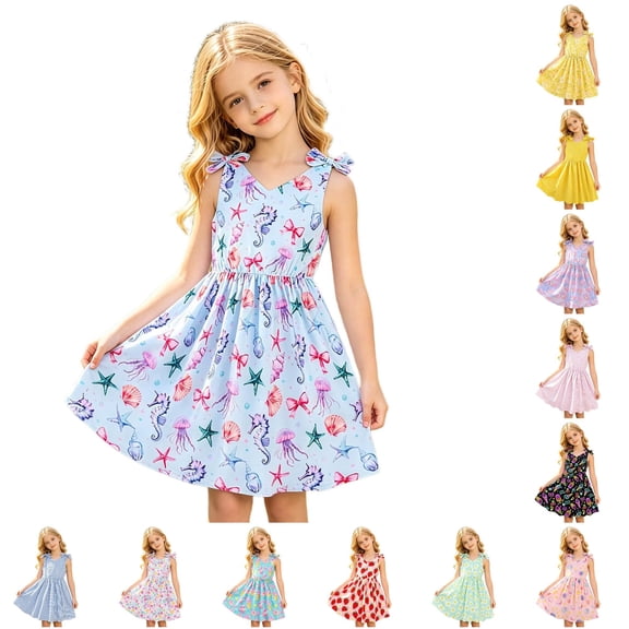 WhouRiu Girls Casual Fashion Graphic Dresses Sleeveless V Neck A Line Dress Kids Comfortable Cute Summer Everyday Sundress,7-8 Years