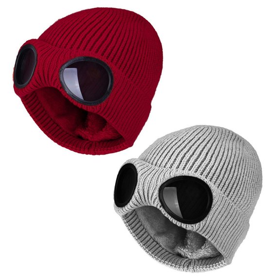 CQXIDFH 2 Pack Winter Beanie Hats with Goggles Unisex Warm Knit Ski Cap Fleece Lined Outdoor Snowboard Hat