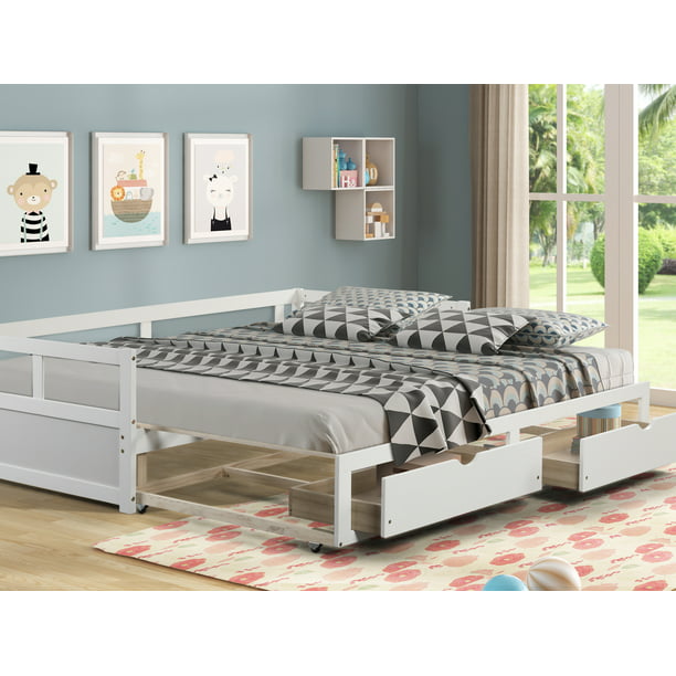 Wood Daybed With Storage Drawers And, Trundle Bed Twin To King