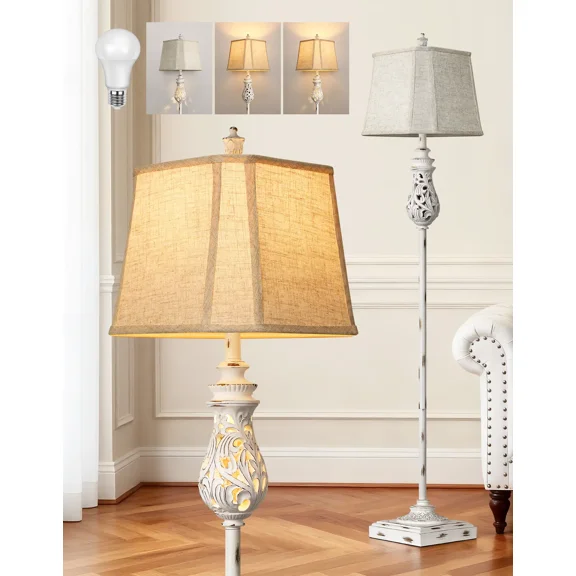 64” Farmhouse Floor Lamp, Rustic Tall Standing Lamp for Living Room, Corner, Bedroom, White
