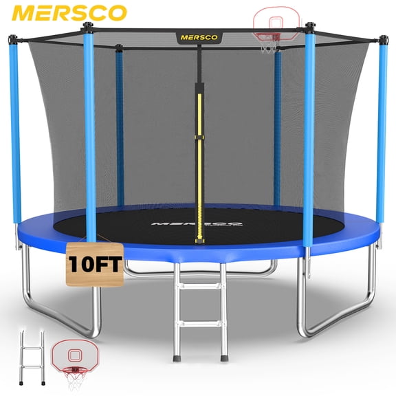 Mersco 10FT/12FT/14FT/15FT/16FT Kids Trampoline, ASTM Certified Heavy Duty Outdoor Trampoline with Safety Enclosure Net Basketball Hoop and Ladder for Backyard Family Fun, Jumping Trampoline PLAY