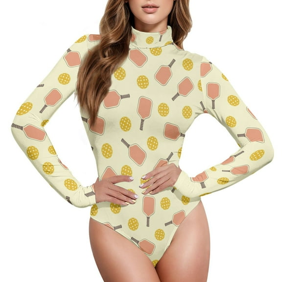 joogoo Yellow Pickleball Balls Women's Mock Turtle Neck Long Sleeve Bodysuit L