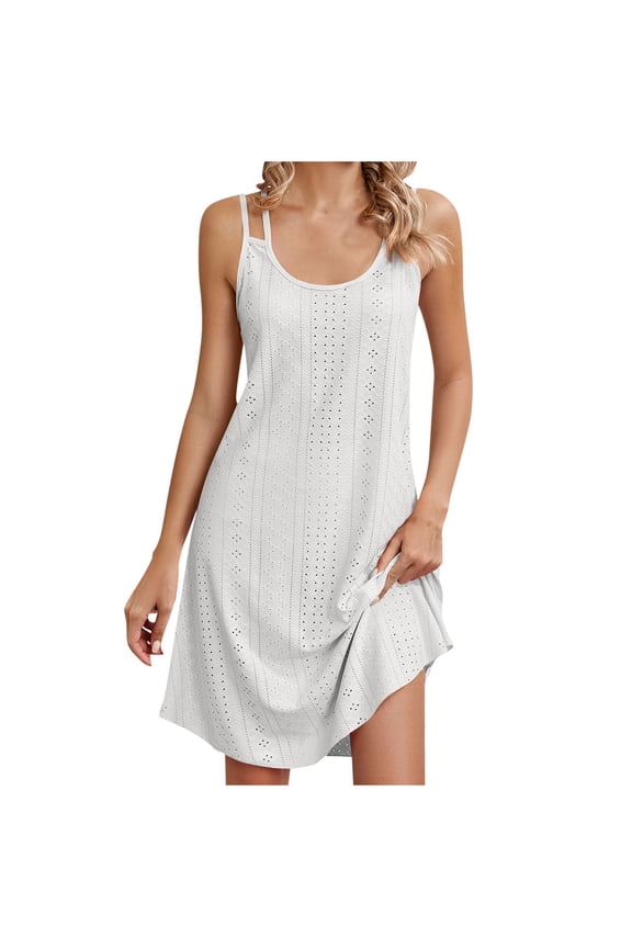 Womens Dresses Crew Neck Eyelet Suspenders Dress Sleeveless Classic Solid Color Casual Loose Comfy Fashion Sundresses Spring Dress (White,L)