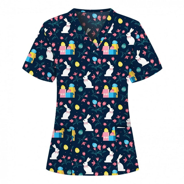 Pisexur Hauts de Sarrau d'Infirmière pour Femmes, Oeufs de Pâques, Lapin, Imprimé, Uniforme de Travail, Manches Courtes, Col en V, Blouse T-shirt de Tenue de Travail avec Poches