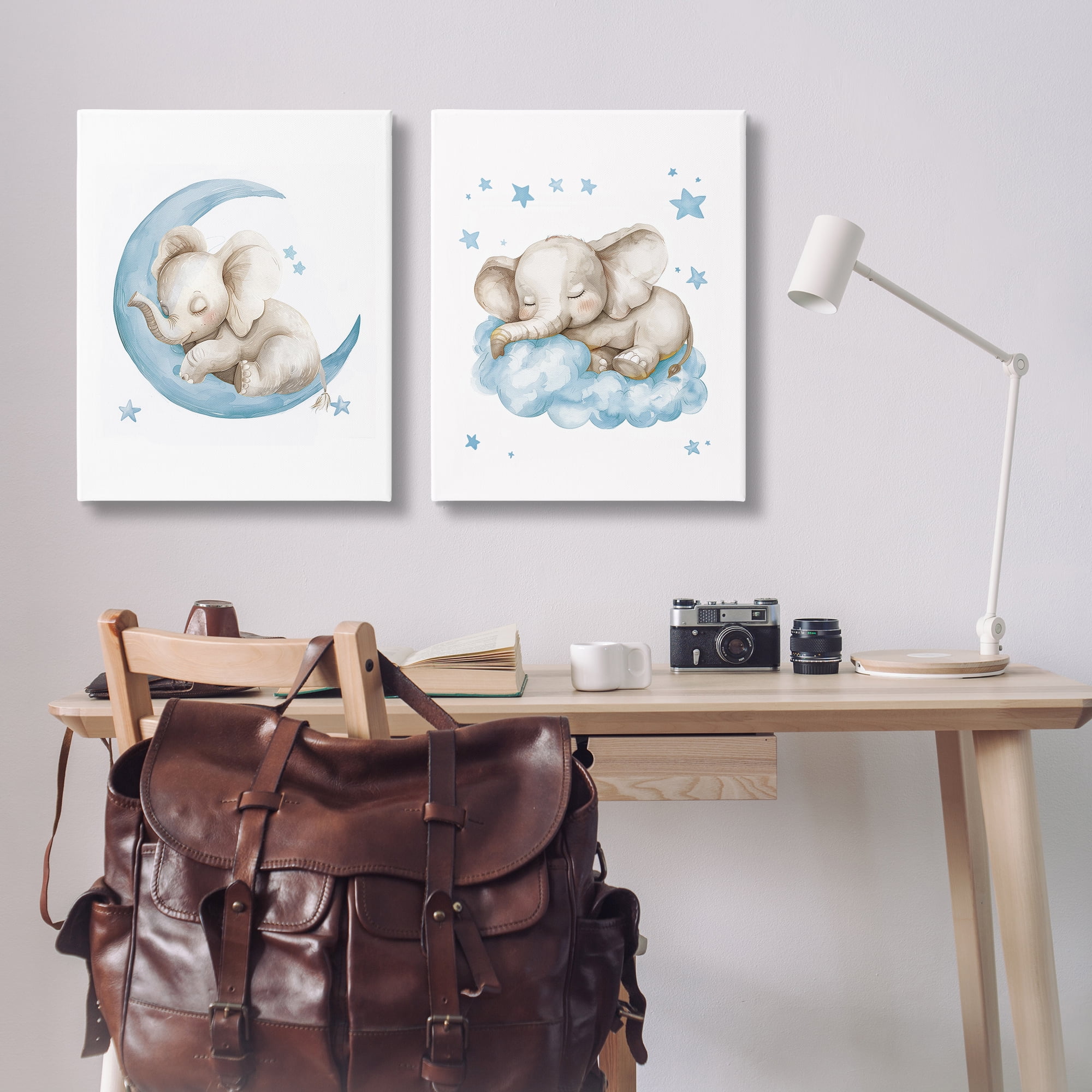 Stupell Industries Blue Sleepy Elephant Animals Painting Wrapped Canvas Art Print Wall Art, 24 x 30, Set of 2