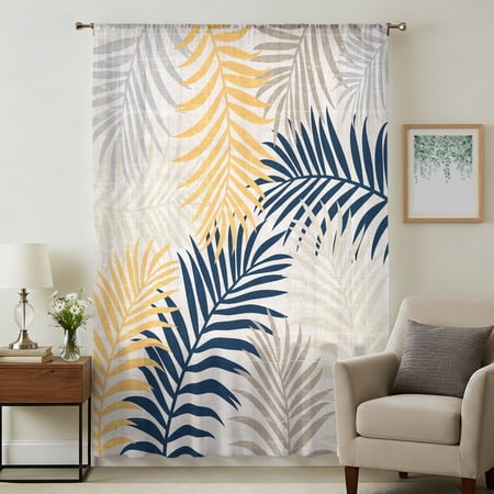 Blue Yellow Palm Leaves Sheer Curtains 45 Inches Long Summer Botanical Tropical Leaf Light Filering Curtains Breathable Simi Curtain Privacy Drapes for Kitchen Bathroom Lightweight Window Treatment