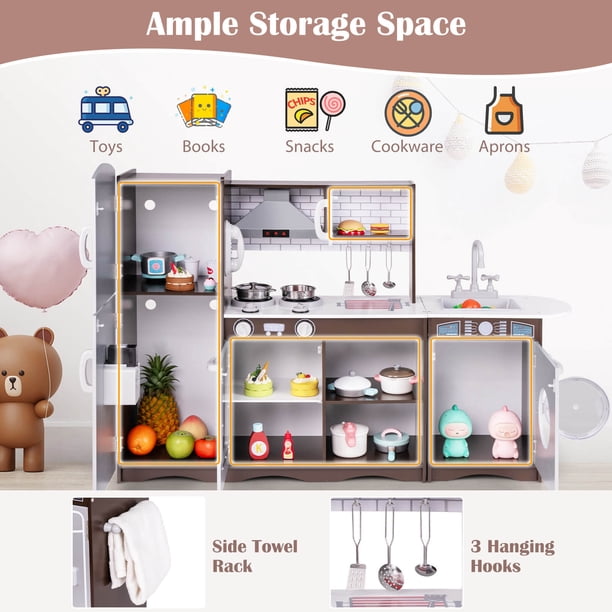 Cuisine de Jeu pour Enfants, Ensemble de Cuisine de Jeu en Bois pour Enfants, Chef, Ensemble de Jeu d'Imitation pour Tout-Petits avec Vrais Lumières et Sons, Cadeau pour Garçons 3