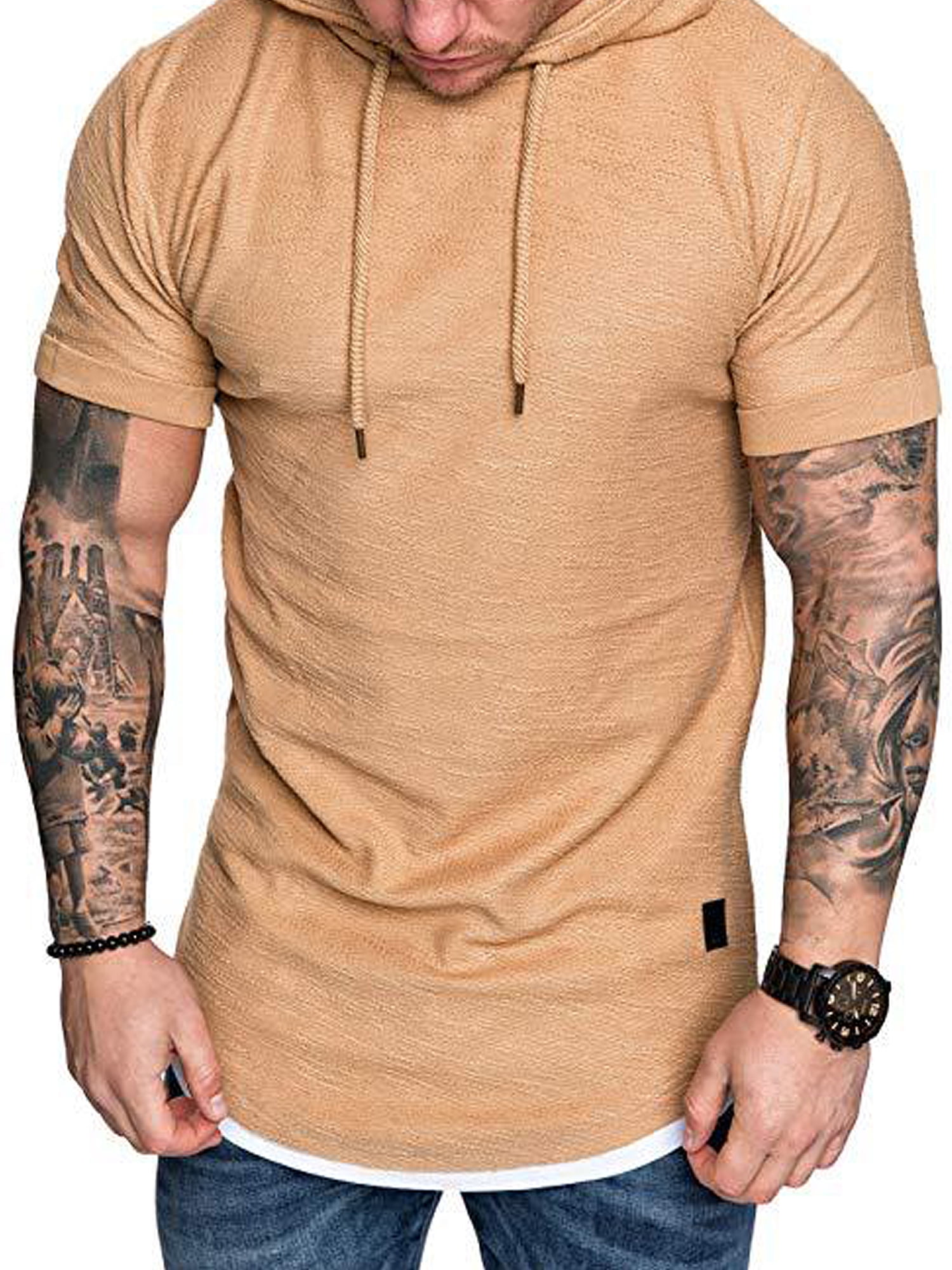 Fashion Men's Slim Fit Solid hooded Short Hoodie Tops T-Shirt Casual Sleeve 