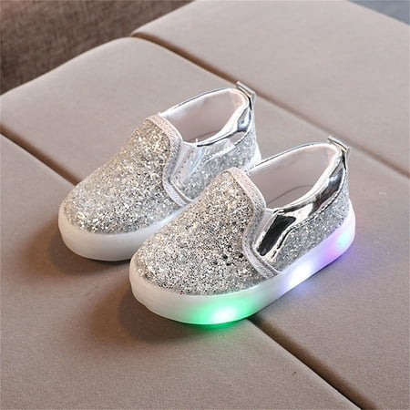 Hinvhai Toddler Girl s Light Up Sequins Slip On Loafers Casual Fashion Classic Flashing LED Shoes Soft Sole Comfortable Solid Color Flat Sneakers Silver 3 Years