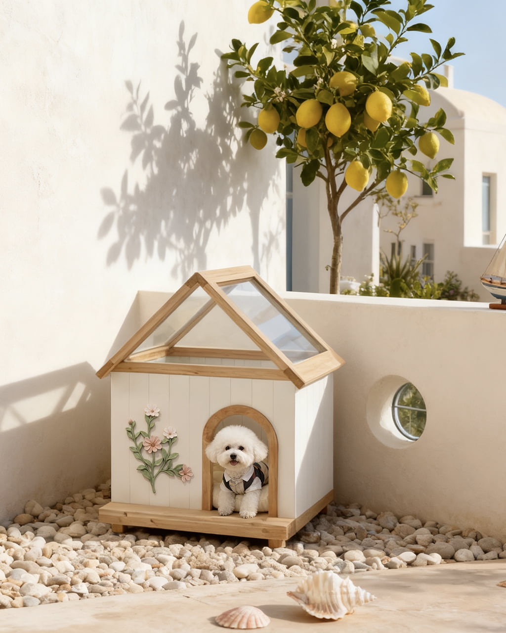 Transparent Roof Pet House with Floral Carving FSC-Certified Cedar Indoor Shelter for Cats & Small Dogs 24*22*32